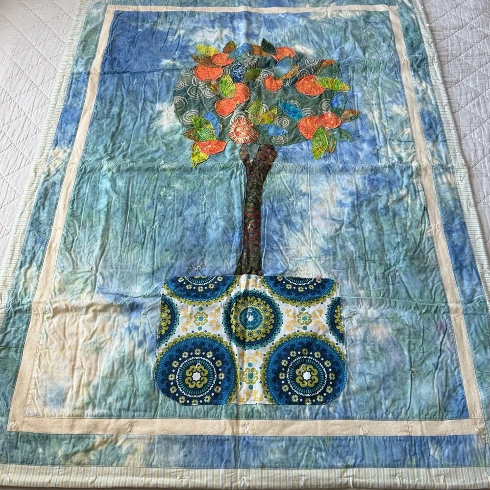 Vintage Folk Art Tree Applique Quilt Wall Hanging 39x53 Boho Fiber Art Handmade